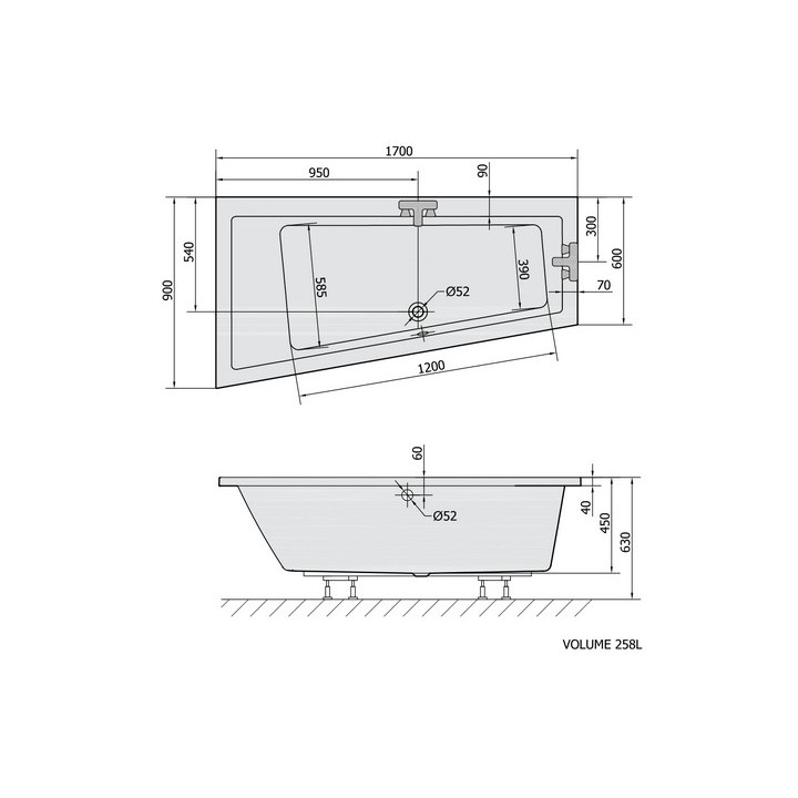 Badewanne rechteckig 130x70x39cm Polysan LILY, weiß