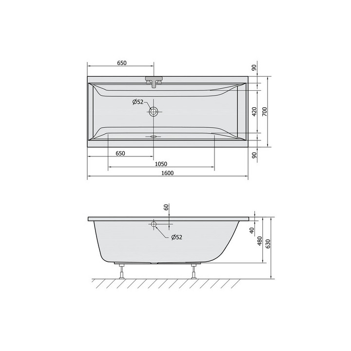 Badewanne rechteckig 160x70x48cm Polysan CLEO, weiß matt