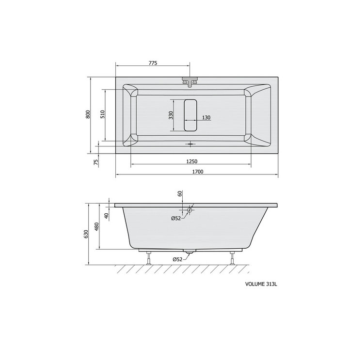 Badewanne rechteckig 160x75x48cm Polysan LILY, weiß matt