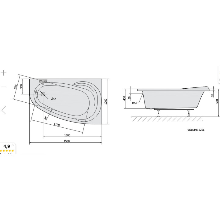 Asymmetrische badewanne 158x100x43cm Polysan NAOS L, links, weiß