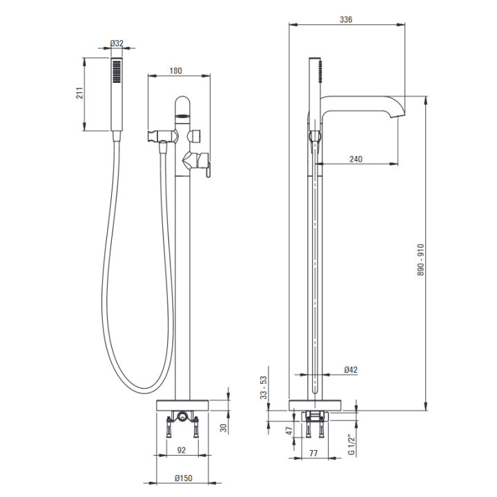 Wannenbatterie mit Set, Deante Silia, gebürsteter Stahl