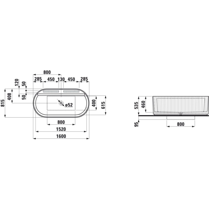 Badewanne freistehend Laufen Sonar 1600 x 815 mm, ze zdobieniem außen (ryflowana) - weiß
