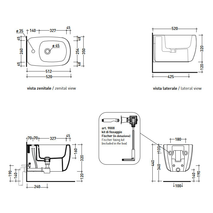 Bidet hängend Flaminia Mono 52x35x32cm, weiß matt
