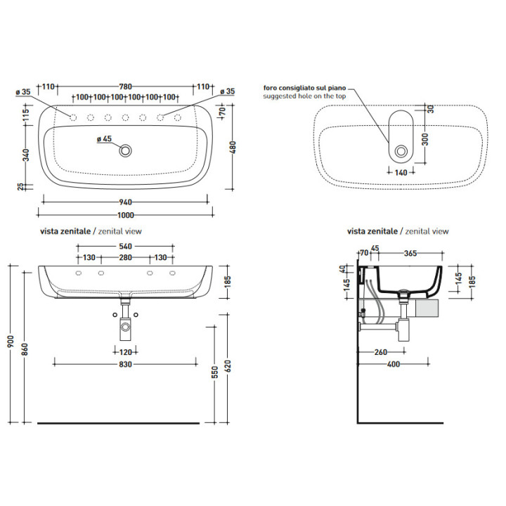 Aufsatzwaschtisch Flaminia Mono 100x48x18,5cm, weiß matt 