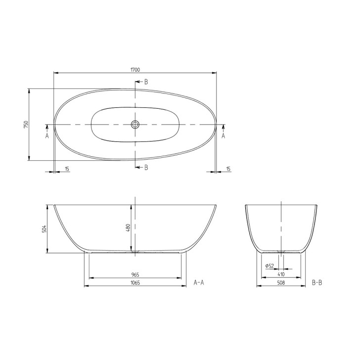 Badewanne freistehend  oval Villeroy & Boch Antao, 170x75cm, Quaryl, weiß