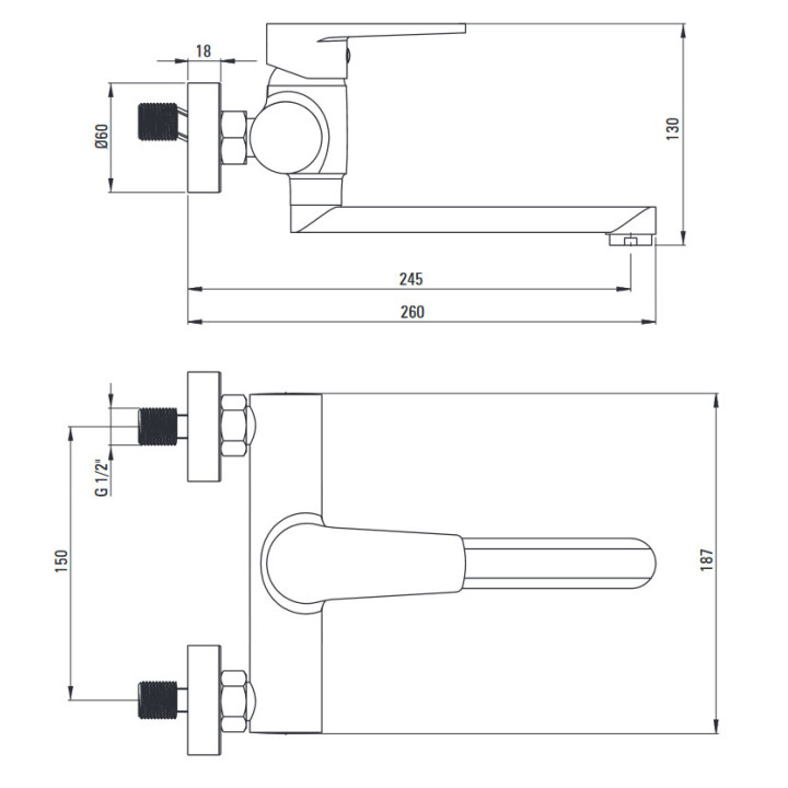 Brausearmatur zur Wandmontage, Deante Tubo, Chrom