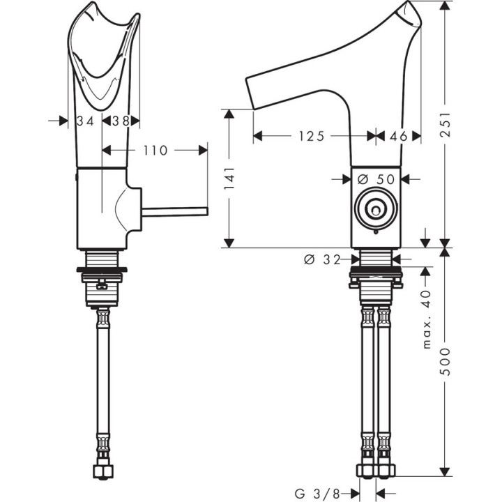 Einhebel- Waschtischarmatur ze aus Glas wylewką i nie zamykanym kompletem odpływowym, Hansgrohe Axor Starck V, Chrom