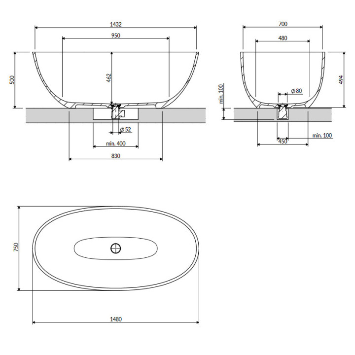 Badewanne freistehend 175x78cm, Omnires Shell M+, weiß matt
