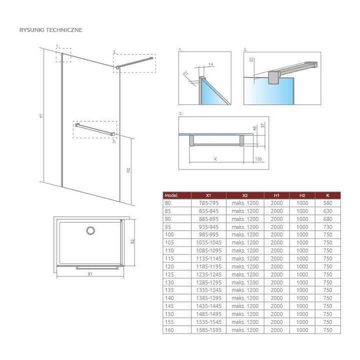 Duschkabine walk-in Radaway Modo New Brushed Copper II mit Halter, 90x200cm, Glas transparent, profil szczotkowana miedź