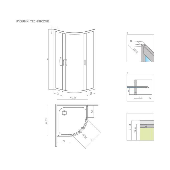 Kabine Radaway Premium Plus a1700 800 mm halbrund mit einer Tür dwuczęściowymi, Glas transparent