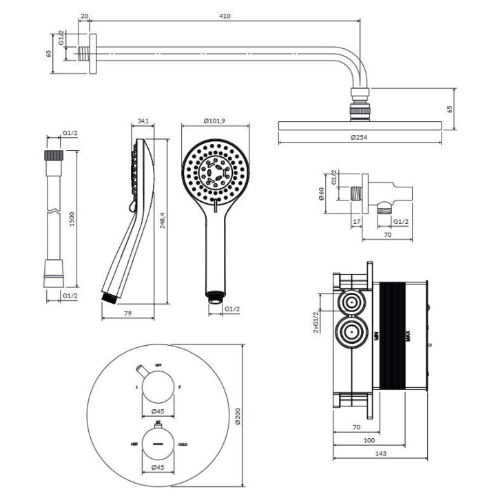 Duschsystem Unterputz, Omnires Y - Gebürstetes messing