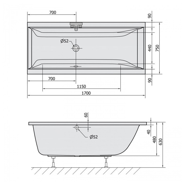 Badewanne rechteckig 160x75x48cm Polysan CLEO, szary