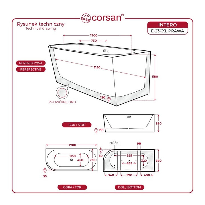 Eck-badewanne freistehend Corsan Intero 150 x 74,5 cm weiß, montaż prawostronny, korek klik-klak Chrom