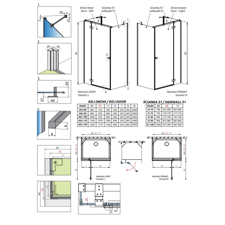 Tür Dusch- Radaway Essenza New KDJ+S 90 cm, links, profil Chrom, transparentes Glas