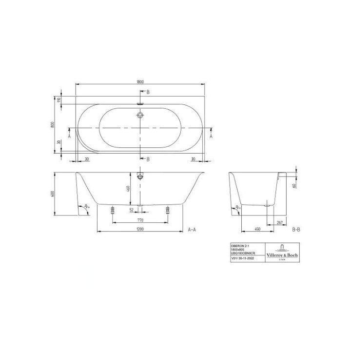 Badewanne rechteckig Villeroy & Boch OBERON 2.0, 180x80,  Weiss Alpin