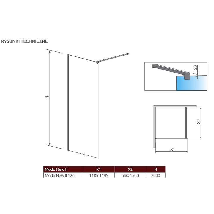 Wand Walk-In Radaway Modo New II 120, 118.5-119.5x200cm, Chrom, Glas transparent- sanitbuy.pl