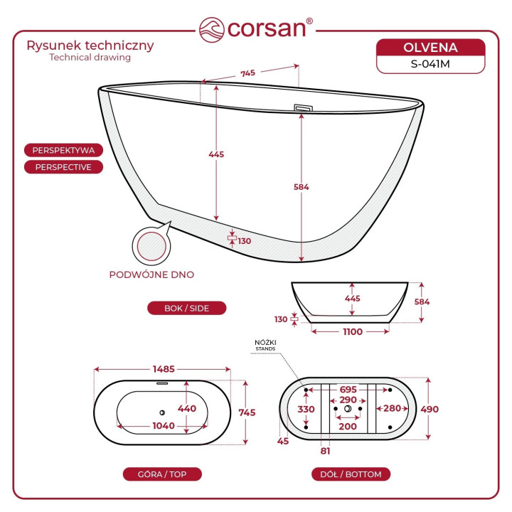 Badewanne freistehend Corsan Olvena 170 cm z wykończeniem schwarz - weiß