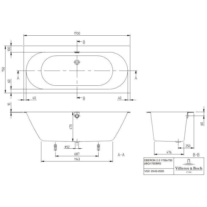 Badewanne rechteckig Villeroy & Boch OBERON 2.0, 180x80,  Weiss Alpin