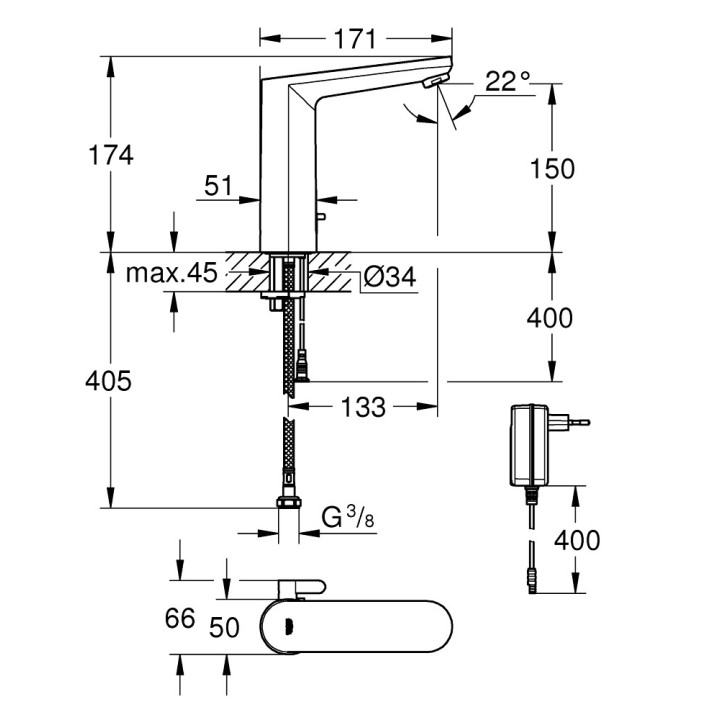 Armatur elektronisch Grohe Eurosmart Cosmopolitan E 1/2", rozmiar L, Chrom- sanitbuy.pl