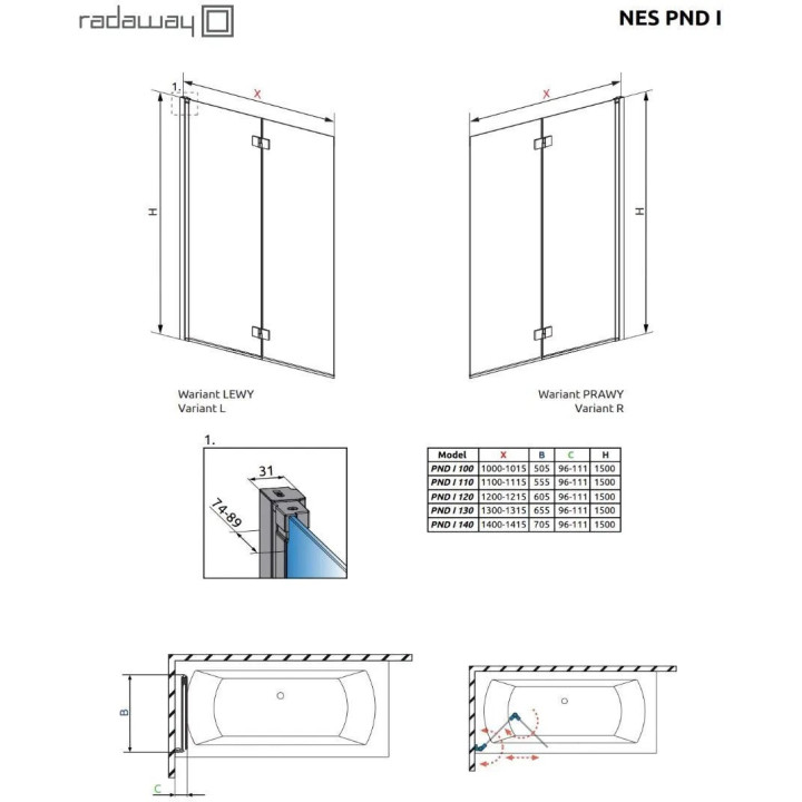 Parawan nawannowy Radaway Nes PNJ 100, lewy, Glas transparent, 100x150cm, profil Chrom