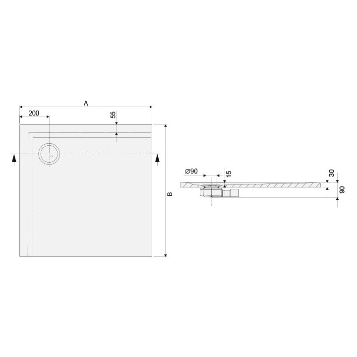 Duschwanne quadratisch Sanplast B-M/SPACE S 90x90x1,5 biew, odlew mineral - weiß