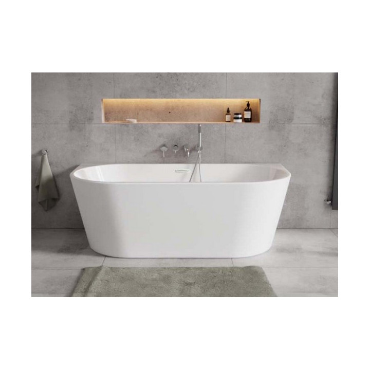 Badewanne zur Wandmontage Besco Vica, 150x80cm, Acryl-, weiß + maskownica syfonu z Überlauf schwarz