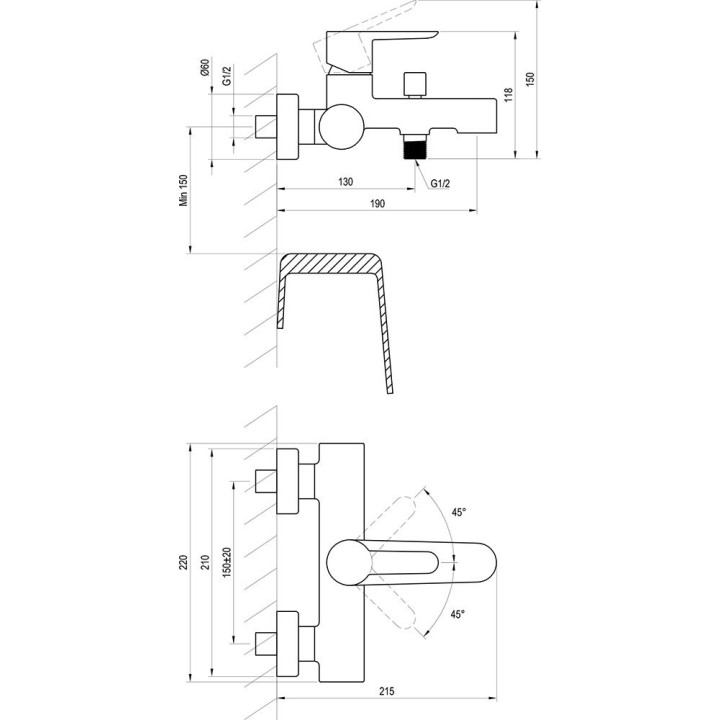 Wannenbatterie Ravak Puri, zur Wandmontage, rozstaw 150 mm, PU 022.00/150