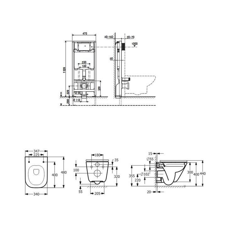 Set Unterputz Roca DUPLO ONE + + Becken WC abgehängt GAP SQUARE COMPACTO RIMLESS mit WC-Sitz mit Softclosing SLIM, weiß