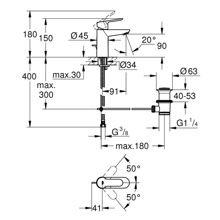 Waschtischarmatur Grohe BauEdge, stehend, Höhe 147mm, DN 15, rozmiar S, ohne Ablaufset, Chrom