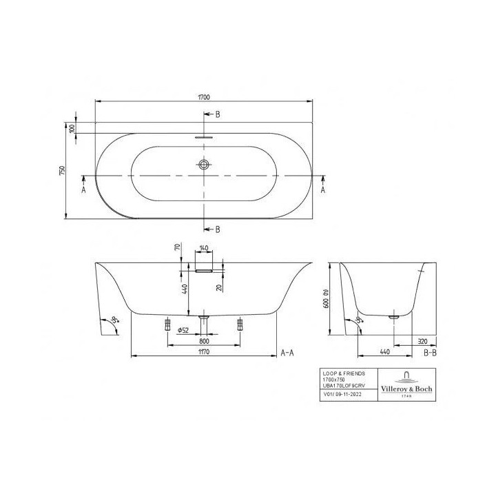 Badewanne zur Wandmontage 180x80 , Villeroy&Boch Loop&Friends - Weiss Alpin