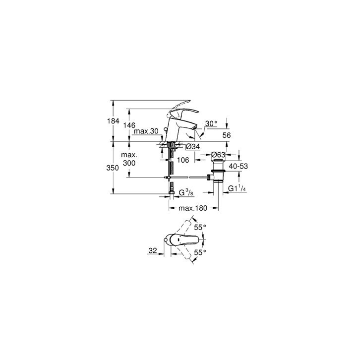Bateria umywalkowa Grohe Eurosmart stojąca, wys. 184 mm, chrom, jednootworowa- sanitbuy.pl