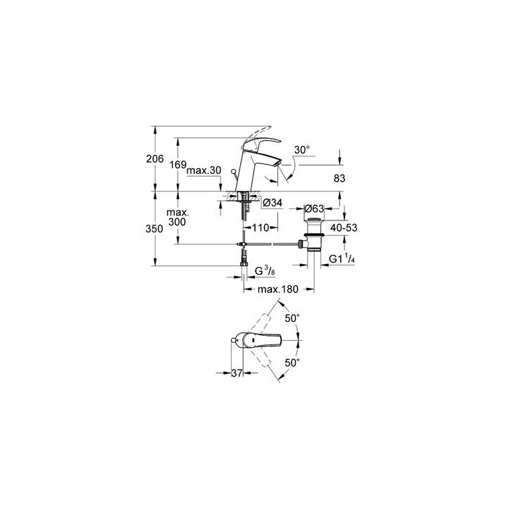 Bateria umywalkowa Grohe Eurosmart stojąca, wys. 184 mm, chrom, jednootworowa- sanitbuy.pl