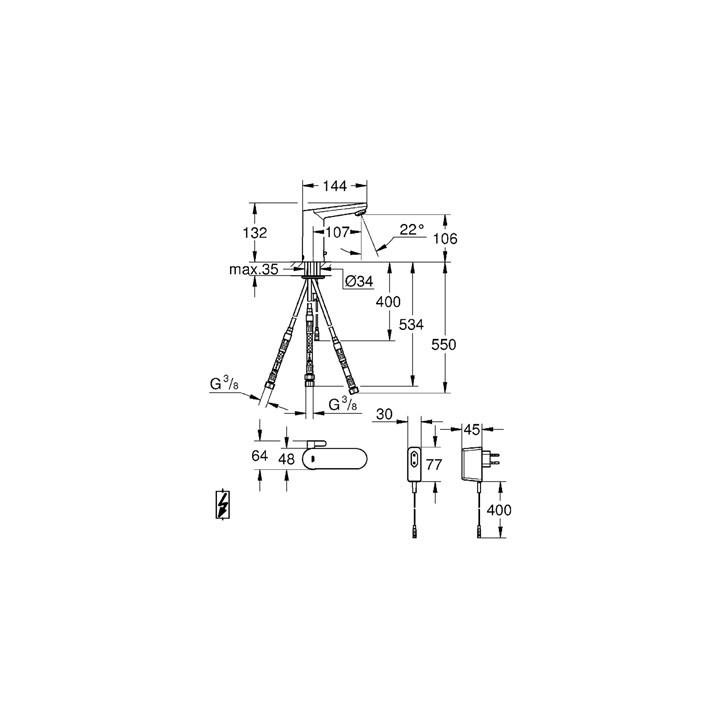 Bateria umywalkowa elektroniczna GROHE Allure E stojąca, wys. 240 mm, chrom, z mieszaczem- sanitbuy.pl