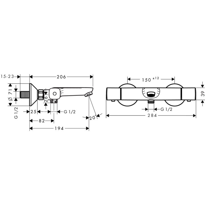 Bateria prysznicowa termostatyczna Hansgrohe Logis Classic szer. 284 mm, natynkowa, chrom, rozstaw: 150 mm ± 12 mm- sanitbuy.pl