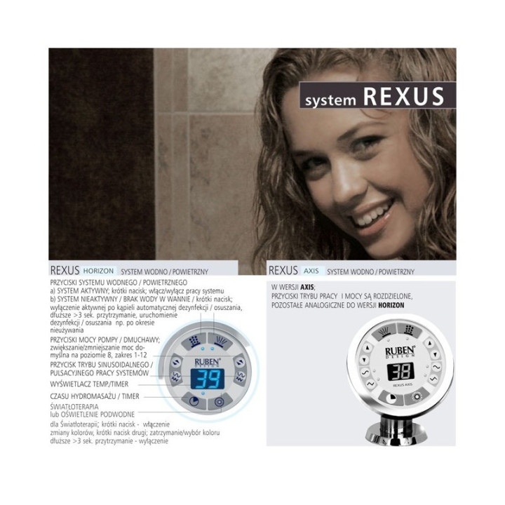 Wanna asymetryczna Ruben Ego narożna, 195 x 135 x 45 cm, biała, system hydromasażu Rexus- sanitbuy.pl