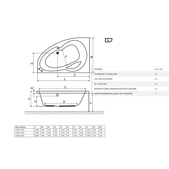 Asymmetrische badewanne, Eck- Excellent Newa 160 x 94,8 cm, Acryl-, weiß, rechts - sanitbuy.pl