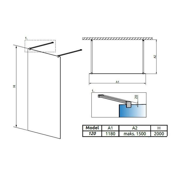 Wand Walk-In Radaway Modo New I 120, 118x200cm, Chrom, Glas transparent- sanitbuy.pl