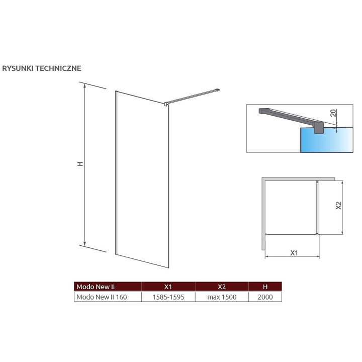Wand Walk-In Radaway Modo New II 160, 158.5-159.5x200cm, Chrom, Glas transparent- sanitbuy.pl