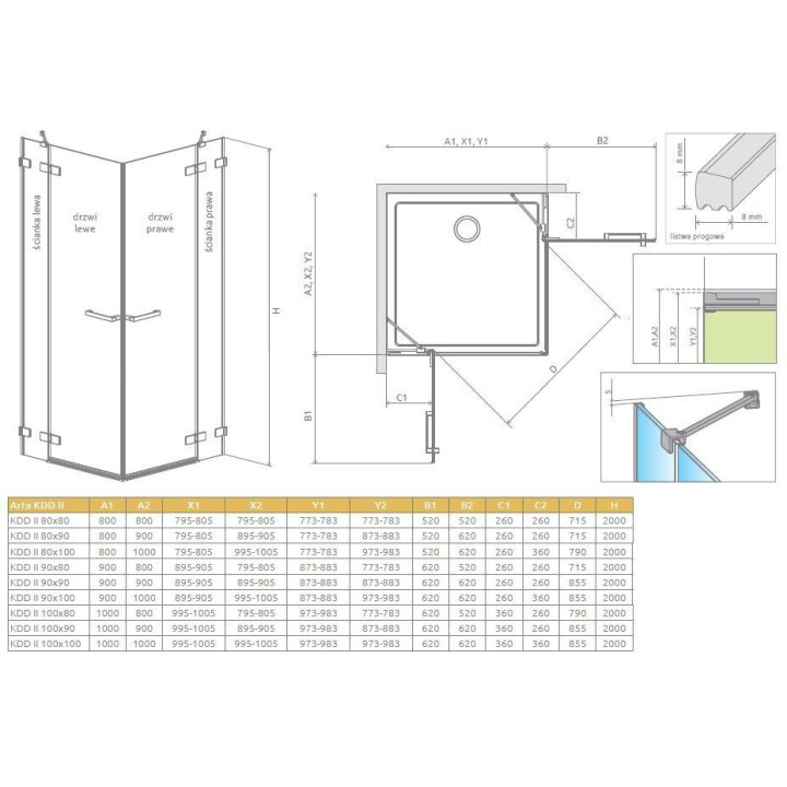 Radaway Arta Kdd II Teil links 80cm Glas transparent- sanitbuy.pl