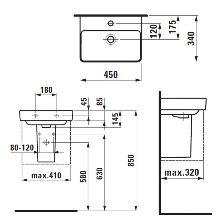 Waschtisch zur Wandmontage 48x28cm mit Hahnloch links stronie, weiß Laufen Pro S- sanitbuy.pl