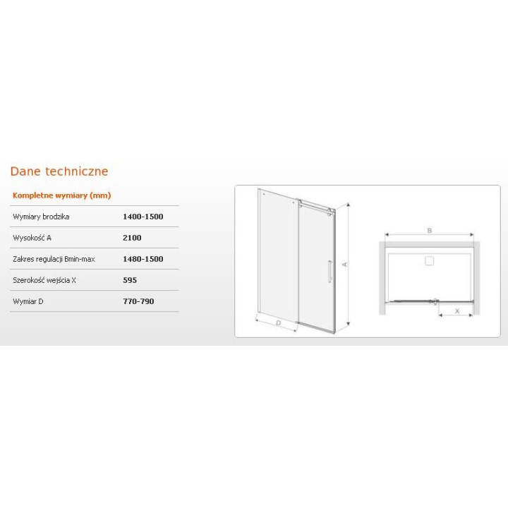 Tür Schiebe- Sanplast D2/ALTIIa links 140x150x210cm profil Chrom, transparent- sanitbuy.pl