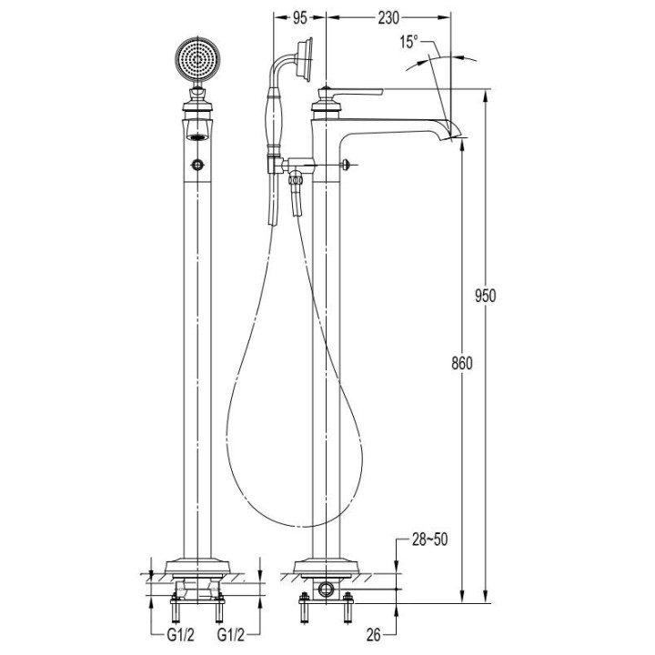 Vaňová batéria  4-otvorová Omnires Armance chróm výtokové rameno 20cm- sanitbuy.pl