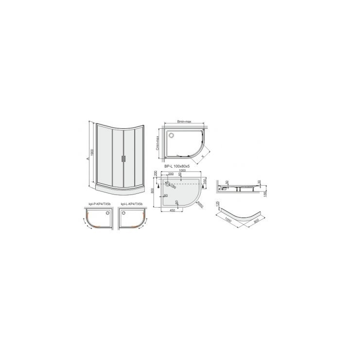 Sprchový kút asymetrická Sanplast TX  80x100 cm s vaničkou akrylowym kpl-P-KP4/TX5b-80x100 pravé saténové profily lesklý, sklo t
