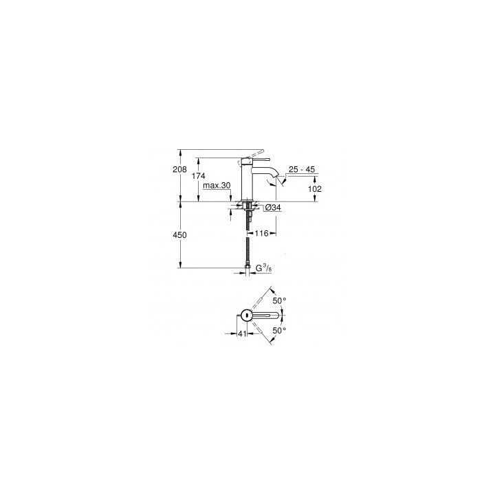 Umyvadlová batéria Grohe Essence na postavení, wys. 208 mm, chróm, Jednootvorové, uhol otočenia páky: 50°/50°- sanitbuy.pl