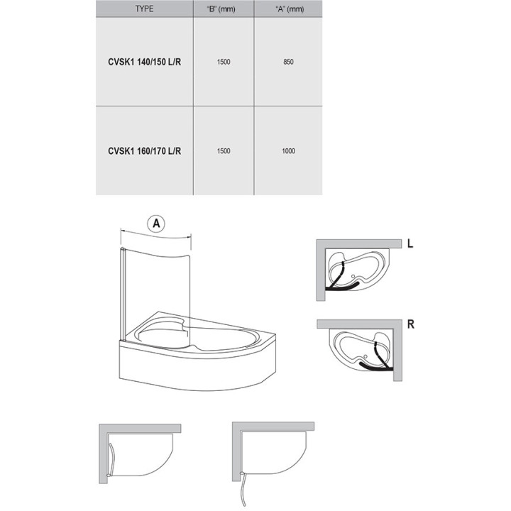Parawan nawannowy Ravak CVSK114/150 prawy, szer. 850 mm, profil:połysk, przezroczysty- sanitbuy.pl
