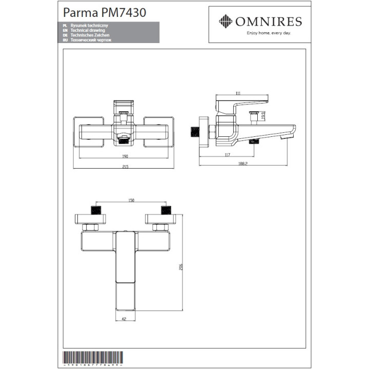 Batéria Omnires Parma vaňová na stěnu, chróm- sanitbuy.pl