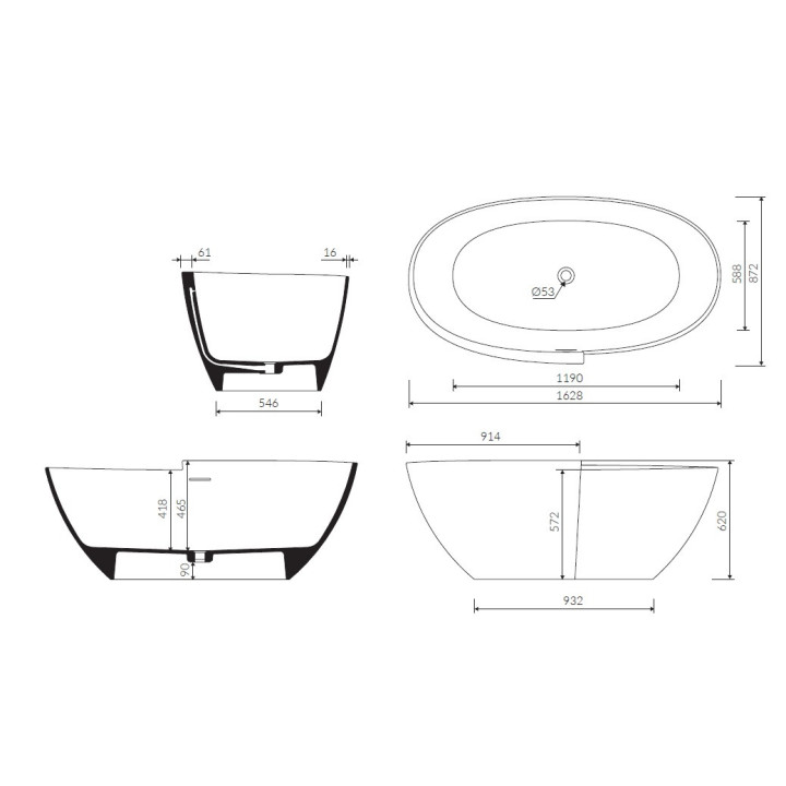 Vaňa voľne stojaca Marmorin Zora 1628x872x620 mm z zintegrowanym prepadom, biela