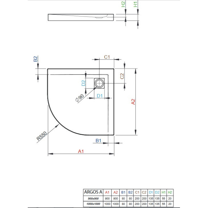 Akrylátová sprchová vanička, štvrťkruhový Radaway DOROS A Compact 90x90, biely