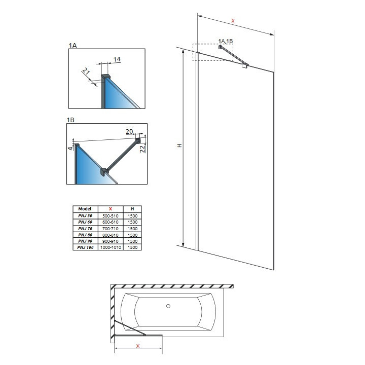 Vaňová zástena Radaway Modo New Black PNJ Frame 70 cm, sklo číre, wys. 150 cm