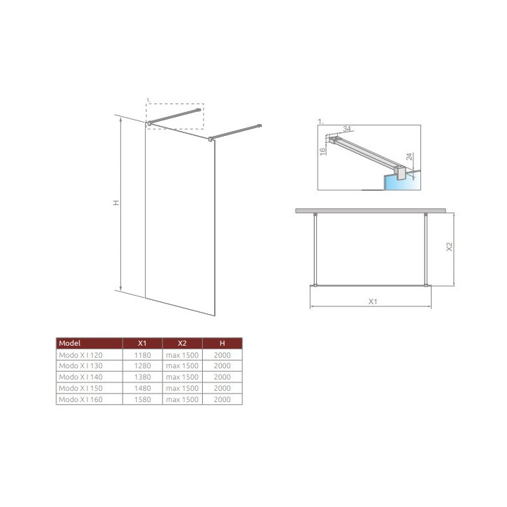 Sprchový kút Radaway Modo X I 120, przejrzysta, 1180x2000mm